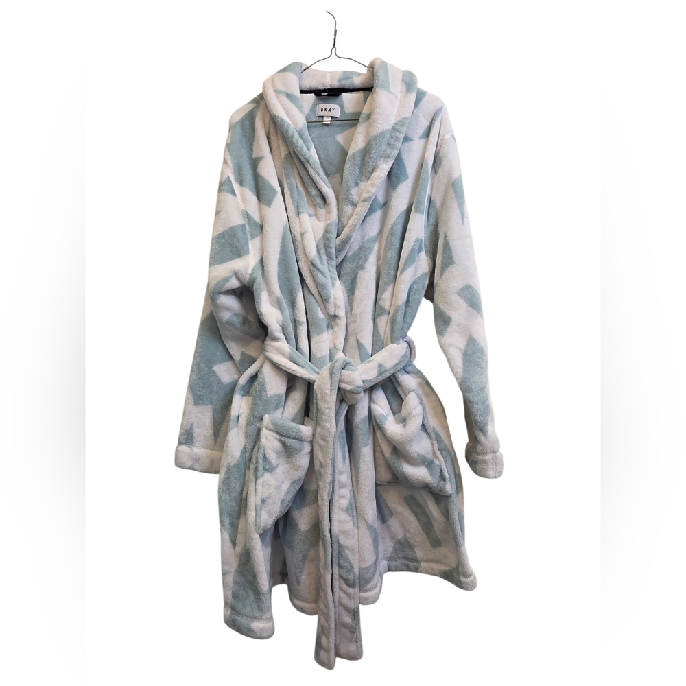 DKNY Plush Belted Logo Robe With Pockets In Mint & White Size 1X EUC
